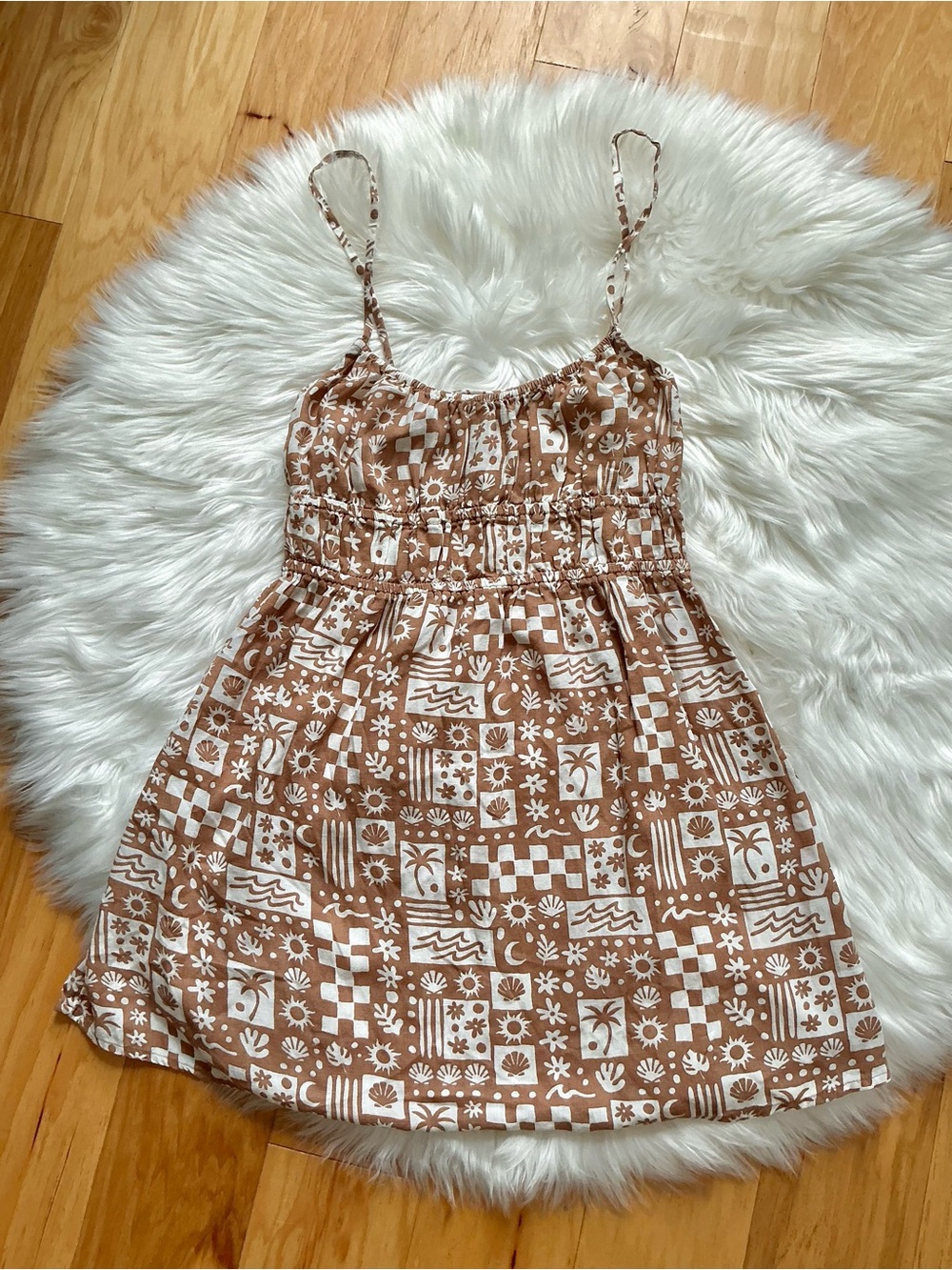 Volcom Linen Blend Tan and White Printed Mini Sundress Size Small
